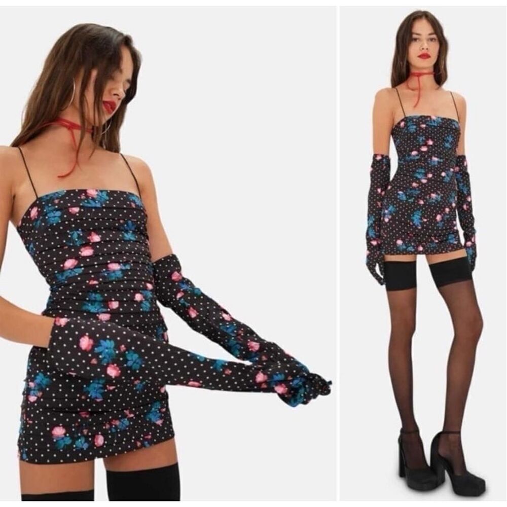NWT For Love And Lemons Black Floral Posey Mini Dress W/ Gloves XS $279 MSRP